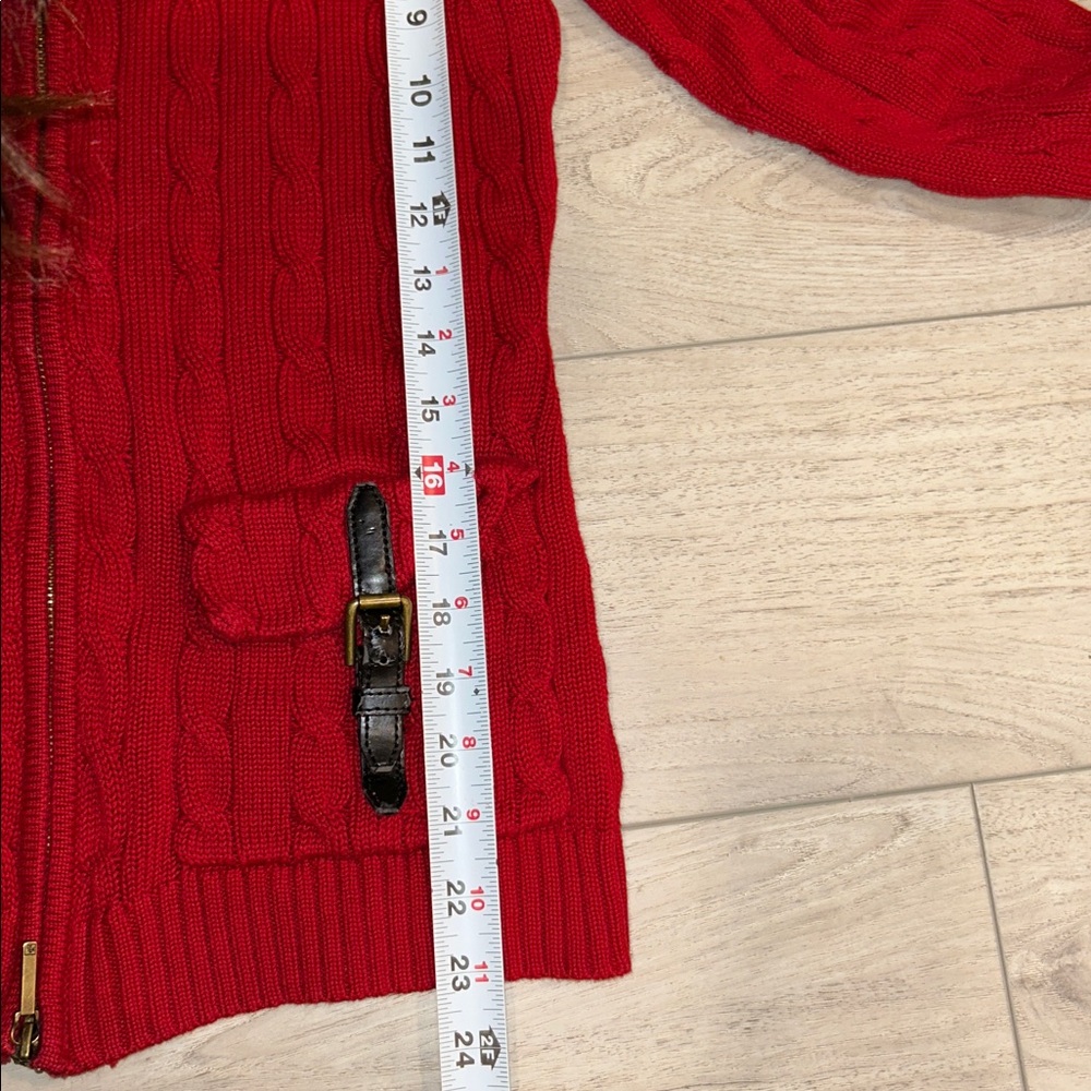 Lauren Ralph Lauren Sweater Womens S Red Cable Full Zip Brass Buckles Pockets - Picture 9 of 10